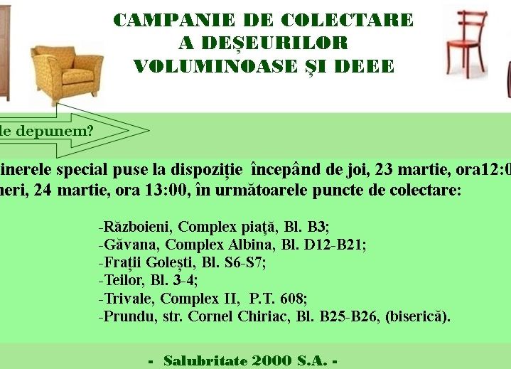 Săptămâna viitoare are loc campania de colectare GRATUITĂ a deșeurilor voluminoase și DEEE, în Pitești!