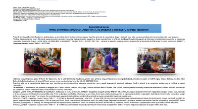 Primul eveniment comunitar „Alege VIAȚA, nu drogurile și alcoolul!”, în orașul Topoloveni