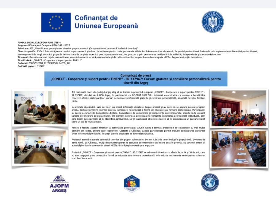 „CONECT – Cooperare și suport pentru TINEri!” – ID 337967: Cursuri gratuite și consiliere personalizată pentru tinerii din Argeș