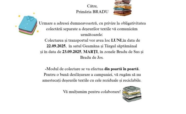 În comuna Bradu va fi organizată o campanie de colectare a deșeurilor textile!