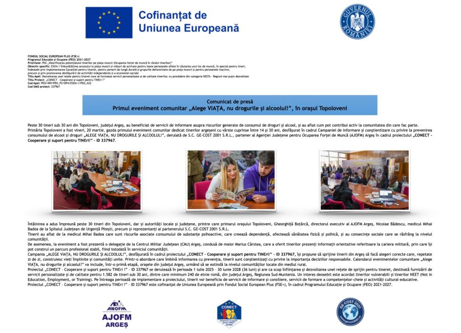 Primul eveniment comunitar „Alege VIAȚA, nu drogurile și alcoolul!”, în orașul Topoloveni