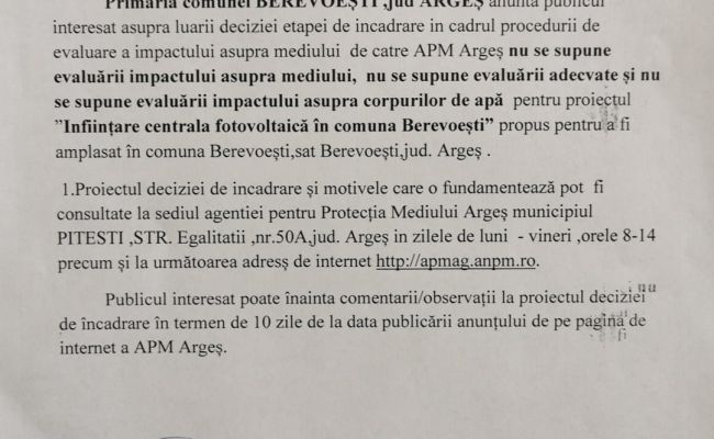 Primăria Berevoești, anunț de mediu