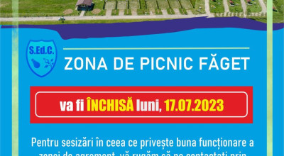 Zona de picnic Făget va fi închisă luni, 17 iulie