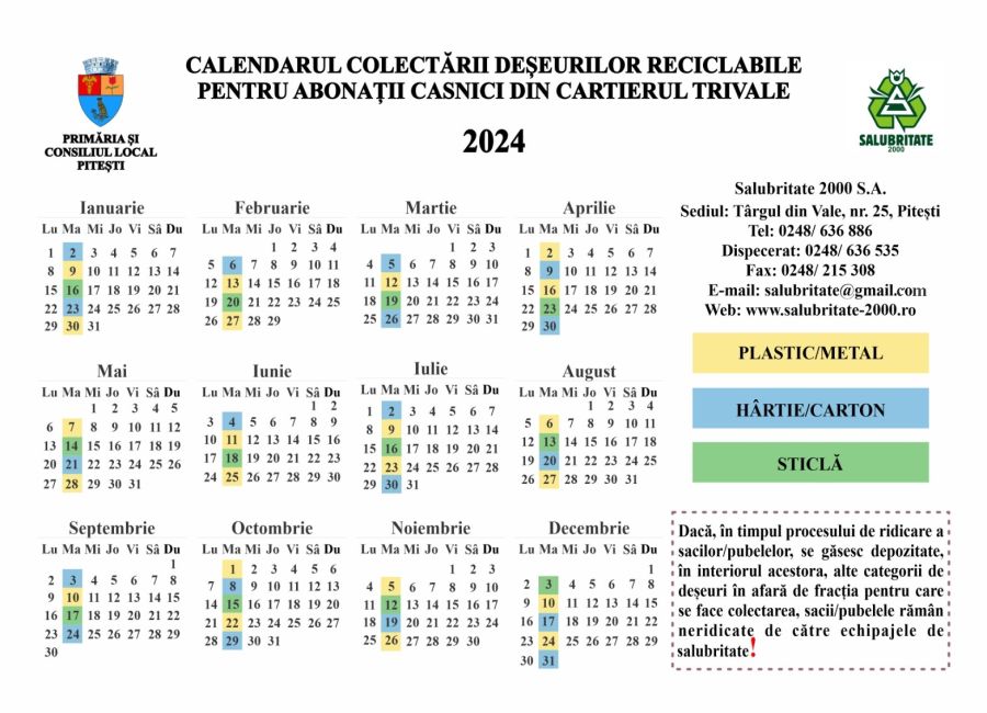 Graficul de colectare a deșeurilor reciclabile pentru abonații casnici din cartierul Trivale, 2024!