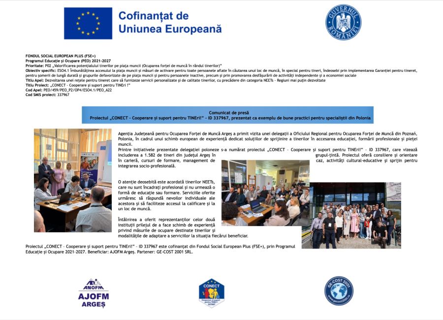Proiectul „CONECT – Cooperare și suport pentru TINEri!” – ID 337967, prezentat ca exemplu de bune practici pentru specialiștii din Polonia