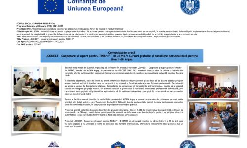 „CONECT – Cooperare și suport pentru TINEri!” – ID 337967: Cursuri gratuite și consiliere personalizată pentru tinerii din Argeș