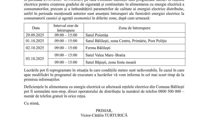 Se oprește furnizarea energiei electrice în comuna Bălilești!