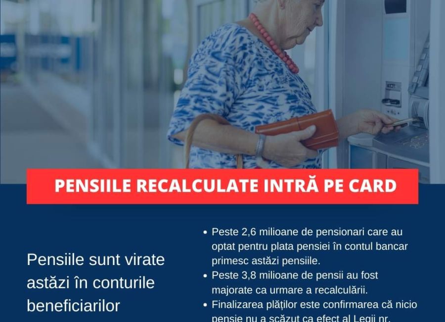 Pensiile recalculate sunt virate astăzi în conturile beneficiarilor