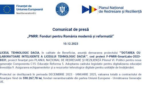 Comunicat de presă. Începere proiect LICEUL TEHNOLOGIC DACIA Pitești