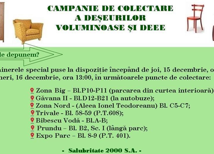 Astăzi, Salubritate 2000 SA  dă startul colectării deșeurilor voluminoase și DEEE!