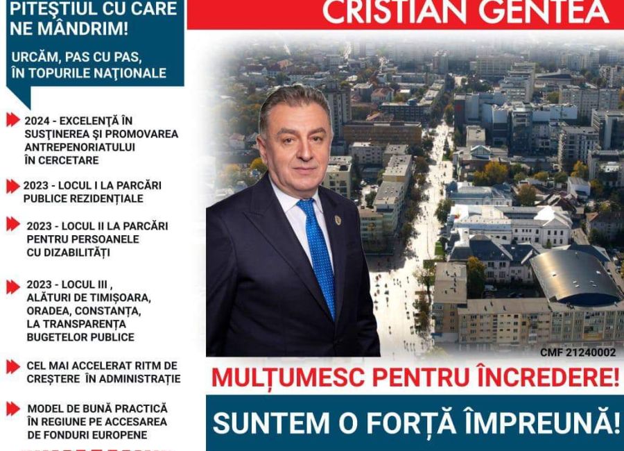 Primarul Cristian Gentea: "La mulți ani, dragii mei piteșteni"