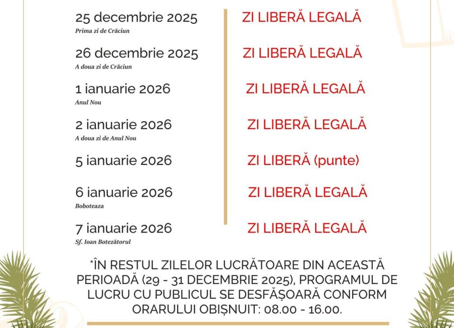 Servicii Edilitare pentru Comunitate Mioveni, programul cu publicul în perioada sărbătorilor de iarnă!